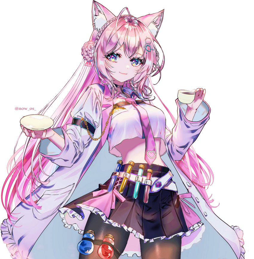 1girl absurdres animal_ears antenna_hair belt black_pantyhose black_skirt breasts coffee coffee_cup cropped_shirt cup disposable_cup hakui_koyori hakui_koyori_(1st_costume) hexagon_hair_ornament highres holding holding_cup hololive lab_coat long_hair looking_at_viewer medium_breasts nail_polish necktie pantyhose pink_hair pink_nails pink_necktie potion purple_eyes shirt skirt smile solo sowon test_tube thigh_strap transparent_background virtual_youtuber white_belt white_shirt wolf_ears wolf_girl