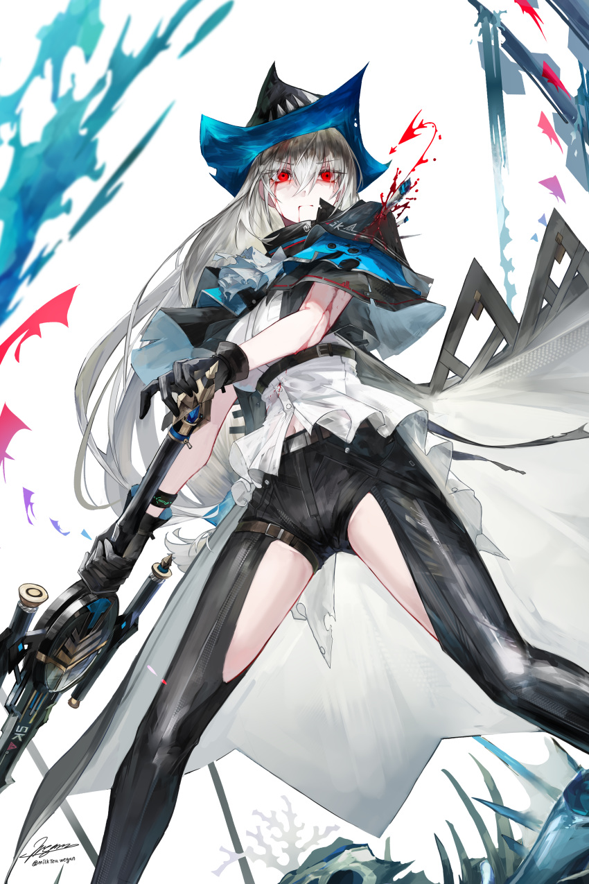 1girl absurdres arknights black_gloves gloves grey_hair hair_between_eyes highres holding holding_sword holding_weapon looking_at_viewer milktea_wegan red_eyes skadi_(arknights) solo sword thighs weapon white_background