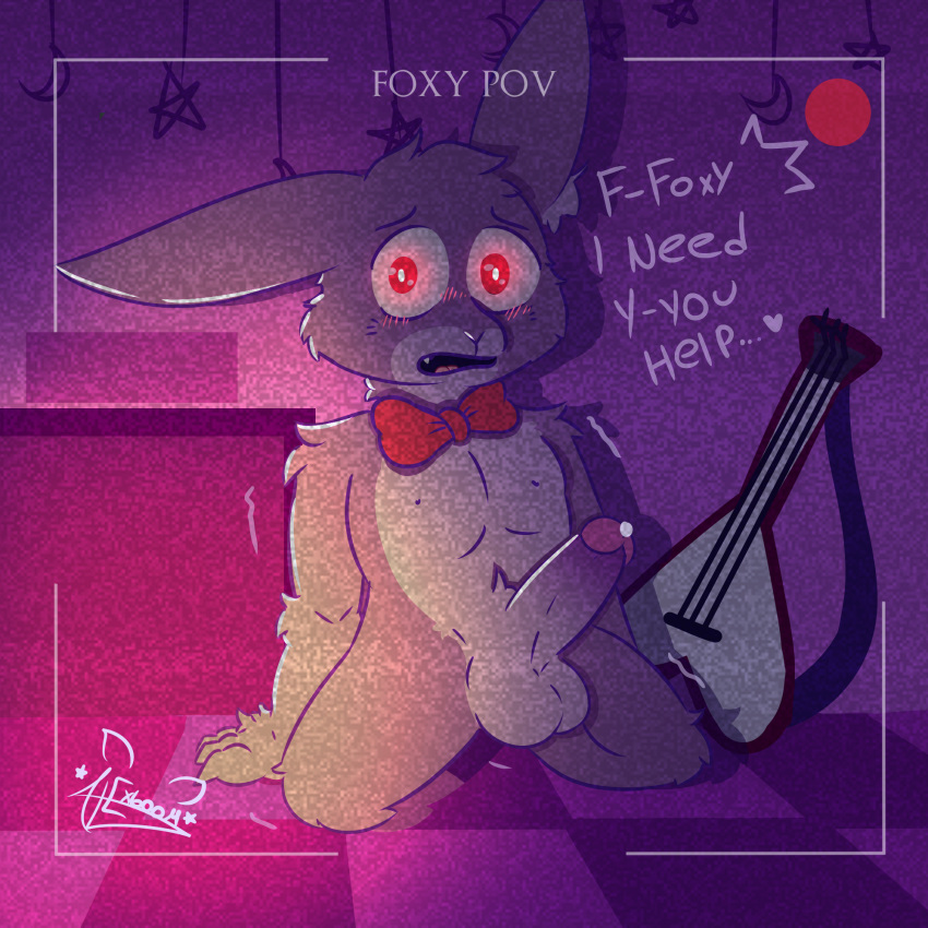 alexboom11 anthro balls bodily_fluids bonnie_(fnaf) embarrassed erection first_person_view five_nights_at_freddy's genital_fluids genitals guitar hi_res lagomorph leporid male mammal musical_instrument plucked_string_instrument precum rabbit scottgames solo string_instrument text