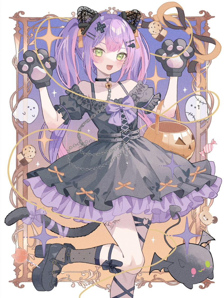 1girl animal_ears animal_hands bibi_(tokoyami_towa) black_choker black_dress black_footwear blush cat_ears cat_paws cat_tail choker dress fake_animal_ears fangs frilled_dress frills green_eyes hair_ornament hairpin heart heart_o-ring heart_tattoo highres hololive leg_tattoo long_hair looking_at_viewer o-ring o-ring_choker o-ring_thigh_strap pink_hair purple_eyes shoes smile tail tattoo thigh_strap tokoyami_towa virtual_youtuber winged_heart_tattoo yuzuriha_(nx_e78)