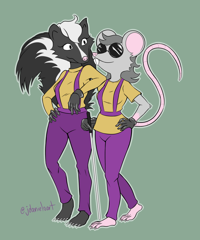 absurd_res anthro barefoot blind duo feet female female/female hi_res jdanieloart mammal mephitid mouse murid murine rodent skunk unknown_character