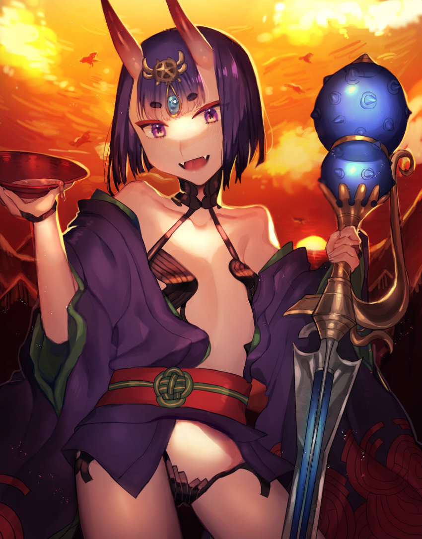 1girl alcohol breasts cowboy_shot cup fangs fate/grand_order fate_(series) gourd headpiece highres horns japanese_clothes kimono looking_at_viewer off_shoulder oni oni_horns open_clothes open_kimono open_mouth purple_eyes purple_hair purple_kimono revealing_clothes sakazuki short_eyebrows short_hair short_kimono shuten_douji_(fate) skin-covered_horns small_breasts smile solo sword weapon yatatashira