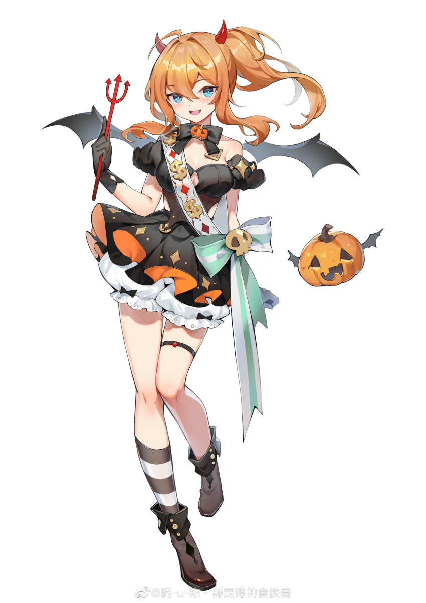 1girl :d absurdres bare_shoulders bat_wings black_bow black_bowtie black_dress black_gloves black_socks bloomers blue_eyes blush boots bow bowtie breasts brown_footwear chinese_commentary commentary_request demon_horns diamond_(shape) dollar_sign dress emurina full_body girls'_frontline gloves green_ribbon hair_between_eyes halloween halloween_costume highres holding_trident horns jack-o'-lantern kalina_(girls'_frontline) kneehighs large_breasts long_hair looking_at_viewer open_mouth orange_hair ponytail red_horns ribbon simple_background single_kneehigh single_sock skull smile socks solo standing standing_on_one_leg striped striped_ribbon striped_socks thigh_strap weibo_logo weibo_username white_background white_bloomers white_ribbon white_socks wings