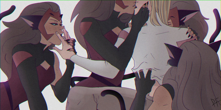5girls adora_(she-ra) animal_ears blonde_hair brown_hair catra closed_eyes clothes_lift commentary_request highres licking licking_finger lifted_by_another multiple_girls parted_lips perflyradina she-ra_and_the_princesses_of_power tail teeth tongue tongue_out upper_teeth_only yuri