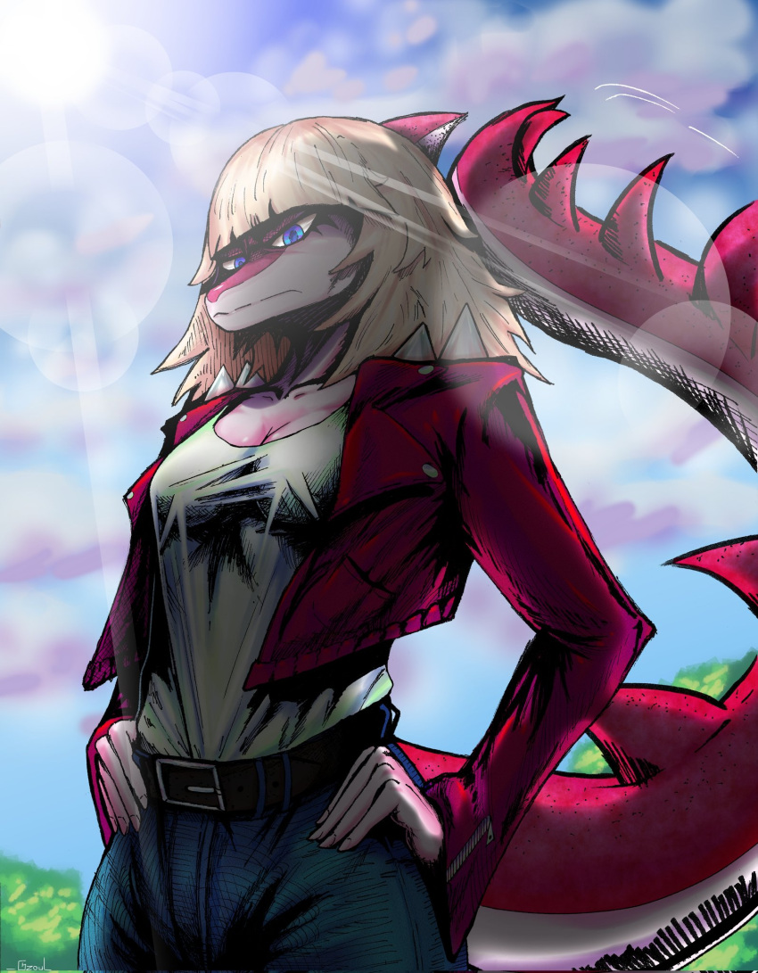 2023 anthro artist_name blonde_hair blue_eyes blue_sky bottomwear breasts cleavage clothed clothing denim denim_clothing detailed_background digital_drawing_(artwork) digital_media_(artwork) dinosaur eyelashes female fingers gzoul hadrosaurid hair hands_on_hips hands_on_own_hips hi_res i_wani_hug_that_gator jacket jeans leather leather_clothing leather_jacket leather_topwear long_hair long_tail looking_at_viewer magenta_body magenta_scales mia_(iwhtg) multicolored_body multicolored_scales ornithischian outside pants parasaurolophus pink_body pink_scales reptile scales scalie signature sky snout solo spikes spikes_(anatomy) tail topwear two_tone_body two_tone_scales