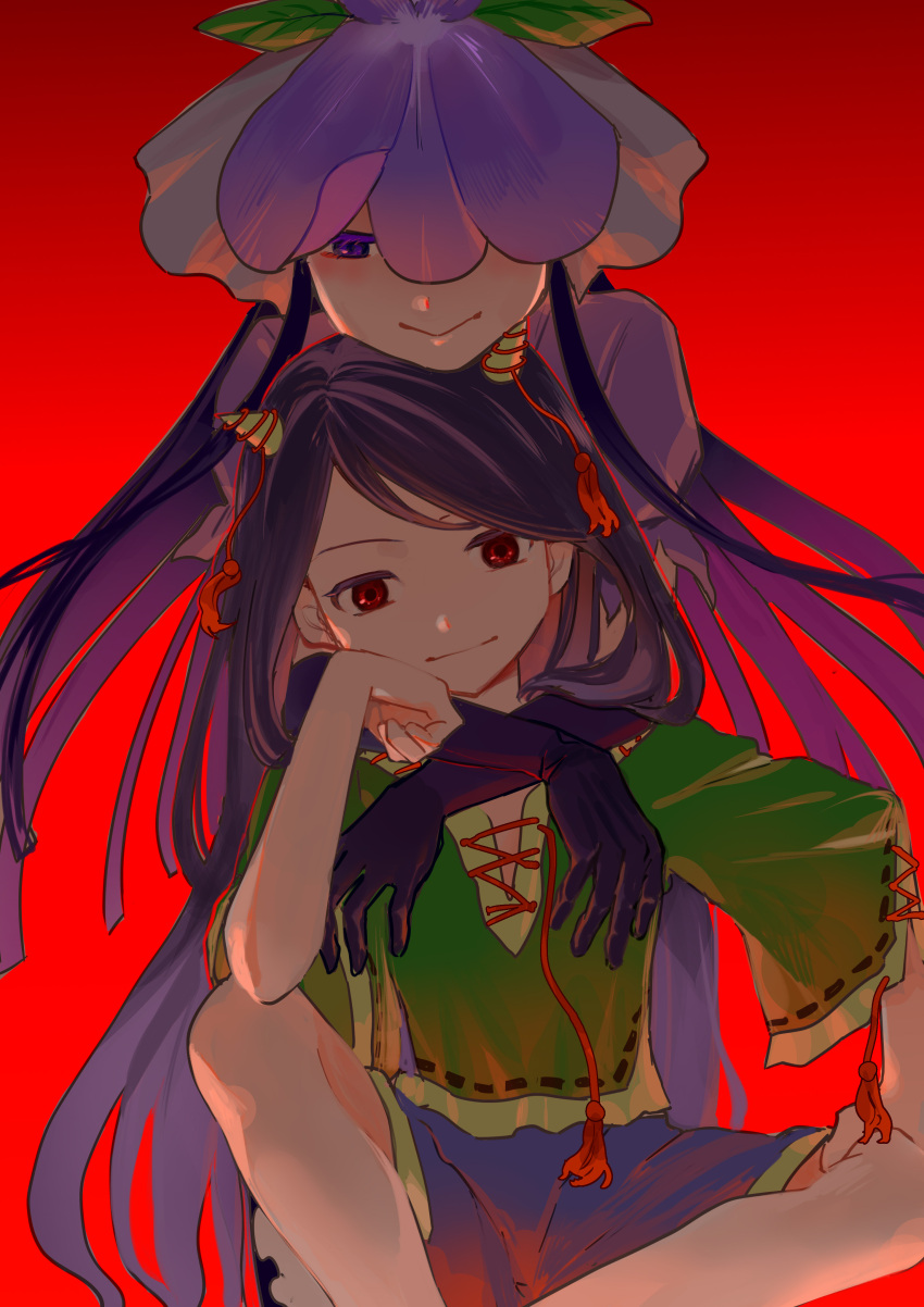 2girls absurdres black_gloves black_hair blue_shorts china_dress chinese_clothes closed_mouth dress flower flower_on_head gloves green_shirt highres horns long_hair looking_at_viewer multiple_girls namewanoketsu nippaku_zanmu oni_horns purple_dress purple_eyes purple_flower red_background red_eyes shirt short_sleeves shorts smile touhou yellow_horns yomotsu_hisami