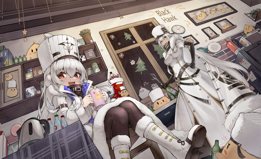 2girls absurdres azur_lane bird black_pantyhose boots bottle chick clock coat crossed_bangs cup electric_kettle flower_pot hair_between_eyes highres holding holding_bottle holding_cup indoors kettle long_coat manjuu_(azur_lane) multiple_girls open_mouth pantyhose red_eyes sitting smile sovetskaya_rossiya_(azur_lane) standing stremitelny_(azur_lane) sunlinli2001 table tablecloth white_coat white_footwear white_hair white_headwear