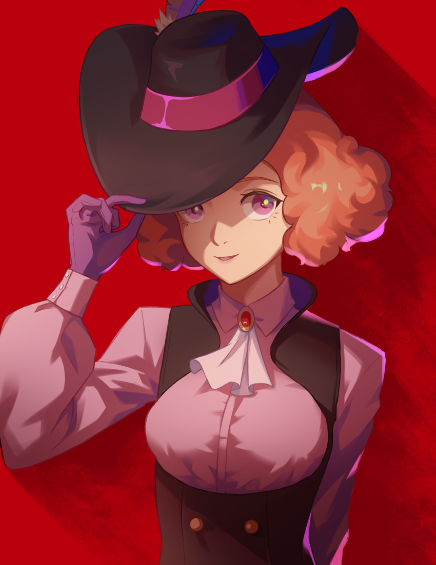 1girl :d ascot black_headwear brown_hair collared_shirt dress_shirt gloves hat hat_feather highres looking_at_viewer okumura_haru open_mouth persona persona_5 pink_shirt purple_eyes purple_gloves red_background reveen shirt smile solo underbust upper_body white_ascot wing_collar