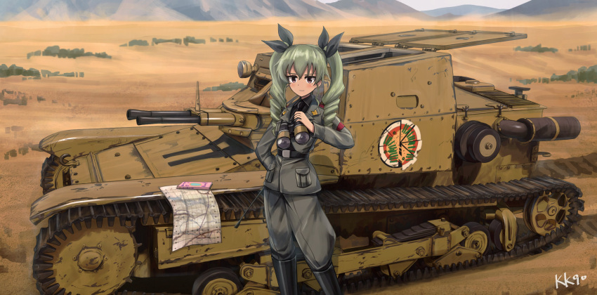 1girl absurdres anchovy_(girls_und_panzer) anzio_(emblem) anzio_military_uniform binoculars book breasts carro_veloce_cv-33 caterpillar_tracks day desert drill_hair emblem girls_und_panzer green_eyes highres jodhpurs kk90 map military military_vehicle motor_vehicle necktie red_eyes smile solo tank twin_drills twintails