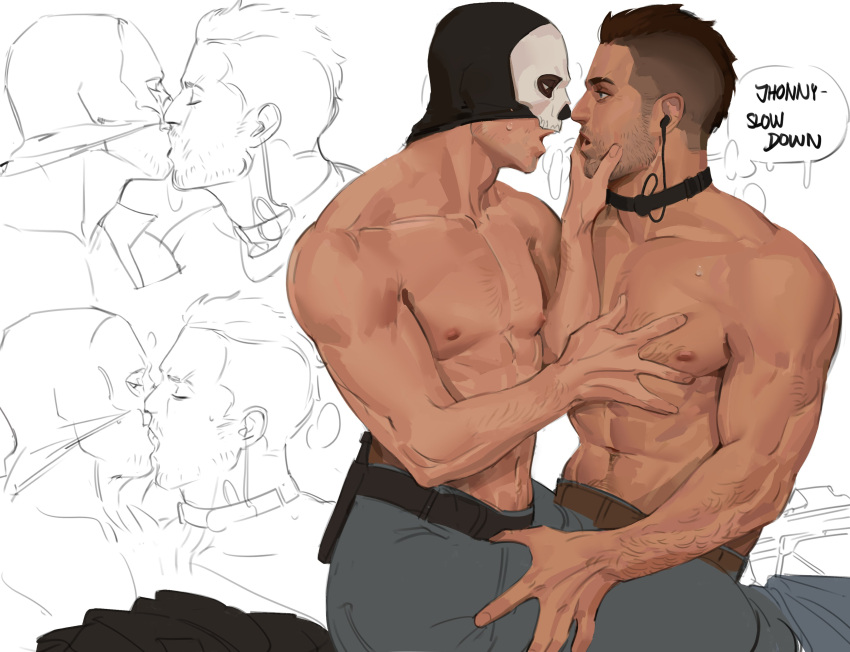 2boys abs absurdres bara belt black_belt black_hair brown_belt call_of_duty call_of_duty:_modern_warfare_2 closed_eyes couple english_text facial_hair french_kiss ghost_(modern_warfare_2) grey_pants highres iba_(kcokaine) kiss large_pectorals male_focus mask mask_lift multiple_boys muscular muscular_male navel nipples open_mouth pants pectorals short_hair sidecut sitting sitting_on_person skull_mask soap_(modern_warfare_2) topless_male yaoi