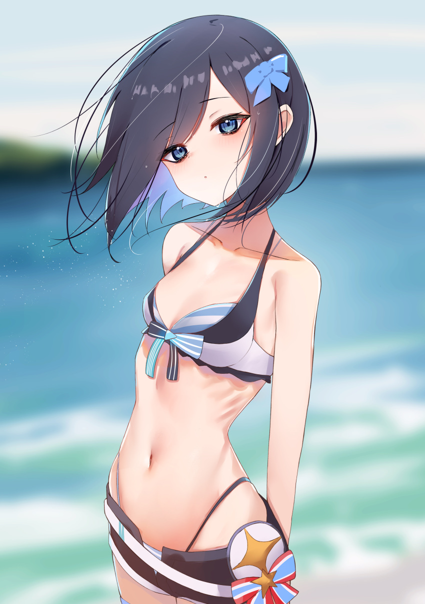 1girl a-chan_(hololive) absurdres belt bikini bikini_under_shorts black_bikini black_shorts blue_bikini blue_bow blue_eyes blue_hair blurry blurry_background bow breasts colored_inner_hair day hair_bow highleg highleg_bikini highres hololive hololive_summer_2023_swimsuit layered_bikini looking_at_viewer loose_belt multicolored_hair navel ocean open_clothes open_shorts outdoors ribs rifufu short_hair shorts small_breasts solo star_(symbol) stomach striped striped_bikini swimsuit two-tone_bikini virtual_youtuber water white_bikini wind