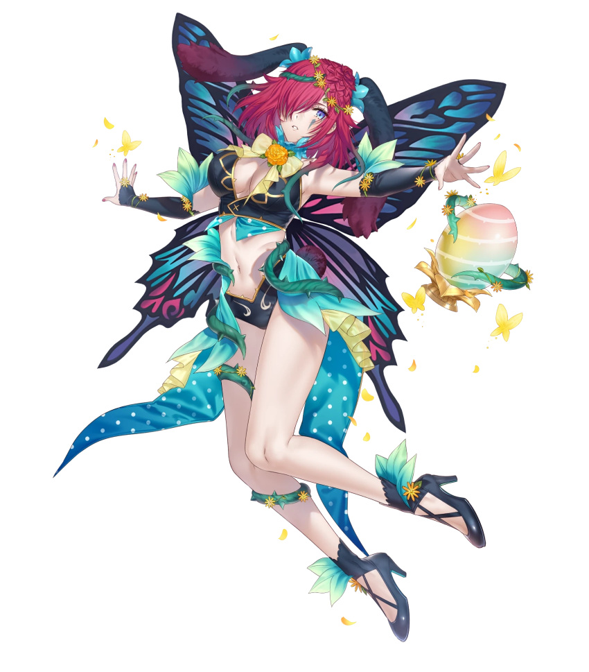 1girl animal_ears bangs blue_eyes breasts cleavage facial_mark fairy_wings fake_animal_ears fire_emblem fire_emblem_heroes hair_ornament highres kippu medium_breasts midriff navel non-web_source official_art pale_skin purple_hair rabbit_ears short_hair solo stomach thighs thorns transparent_background triandra_(fire_emblem) wings