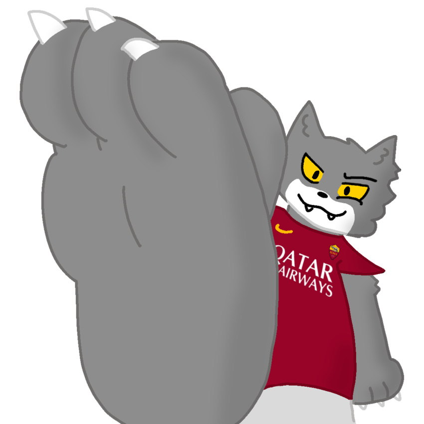 &gt;:3 a.s._roma anthro bottomwear canid canine canis claws clothing cute_fangs feet foot_fetish foot_focus football_uniform fur grey_body grey_bottomwear grey_clothing grey_fur grey_shorts hi_res humanoid_feet idontknowtobehonest imminent_stomp low-angle_view male mammal mascot nike plantigrade red_clothing red_shirt red_topwear romolo_(a.s._roma) shirt shorts simple_background solo topwear white_background wolf worm's-eye_view yellow_sclera