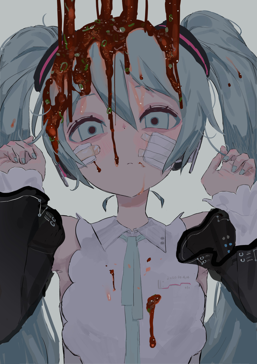 1girl absurdres bags_under_eyes black_sleeves bleeding blood blue_eyes blue_hair blue_nails blue_ribbon collared_shirt commentary_request detached_sleeves dirty dirty_clothes dripping empty_eyes food food_on_clothes food_on_head food_request gauze_on_cheek grey_background hair_ornament hands_up hatsune_miku hatsune_miku_(nt) head_tilt headphones highres layered_sleeves long_hair looking_at_viewer neck_ribbon object_on_head ribbon shirt simple_background sleeveless sleeveless_shirt solo twintails uotak upper_body vocaloid white_shirt