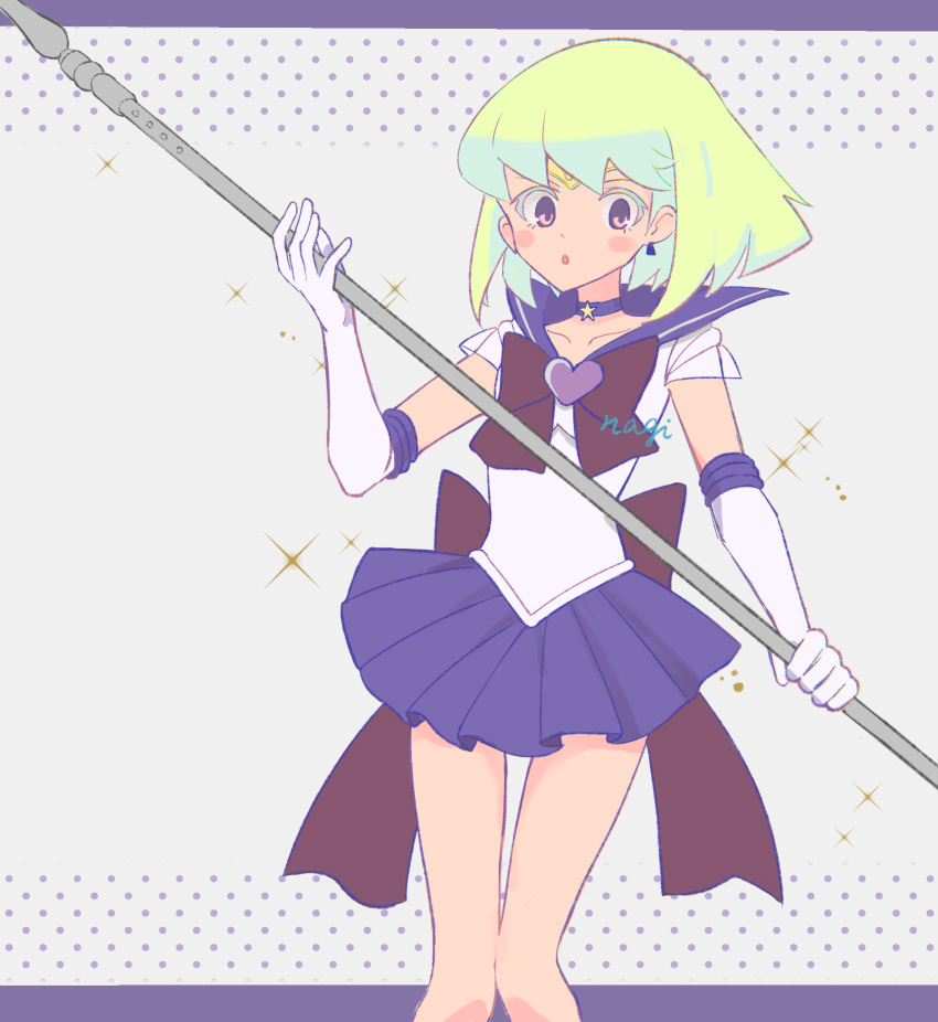 1boy :o alternate_costume back_bow bishoujo_senshi_sailor_moon blush_stickers bow choker circlet cosplay crossdressing earrings elbow_gloves gloves green_hair highres holding holding_scythe jewelry lio_fotia male_focus otoko_no_ko pleated_skirt promare purple_choker purple_eyes purple_sailor_collar purple_skirt red_bow sailor_collar sailor_saturn sailor_saturn_(cosplay) scythe short_hair short_sleeves sidelocks silence_glaive skirt solo sparkle star_(symbol) star_choker thigh_gap thighs triangle_earrings white_gloves xyz008