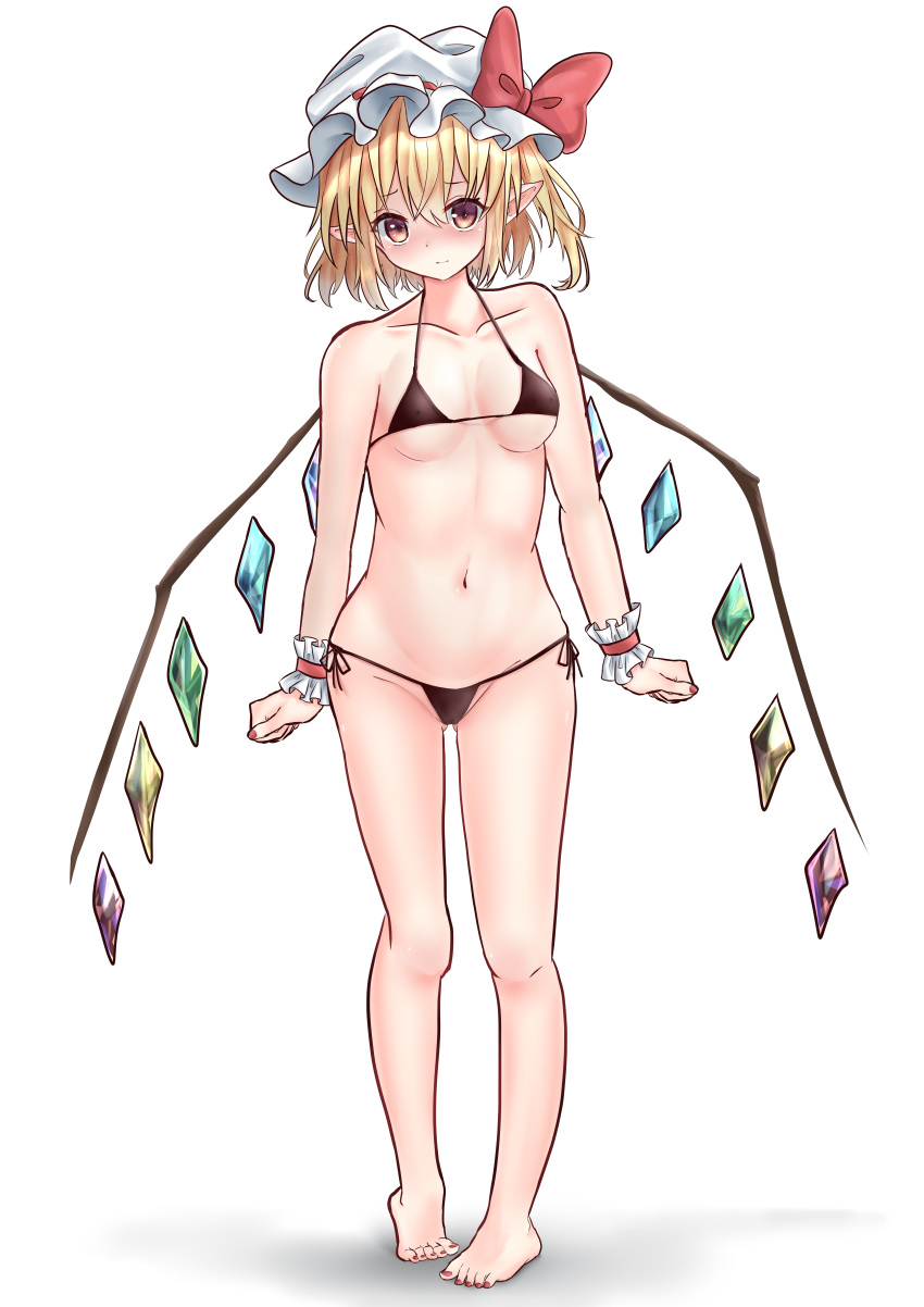 1girl absurdres bare_shoulders bikini blush bow breasts brown_eyes cleft_of_venus closed_mouth collarbone crystal flandre_scarlet full_body hair_between_eyes hat hat_bow hat_ribbon head_tilt highres looking_at_viewer medium_breasts micro_bikini mob_cap multicolored_wings navel nose_blush pointy_ears red_bow red_ribbon ribbon ribbon-trimmed_headwear ribbon_trim simple_background solo standing swimsuit touhou tsubakipan underboob variant_set white_background white_headwear wings wrist_cuffs