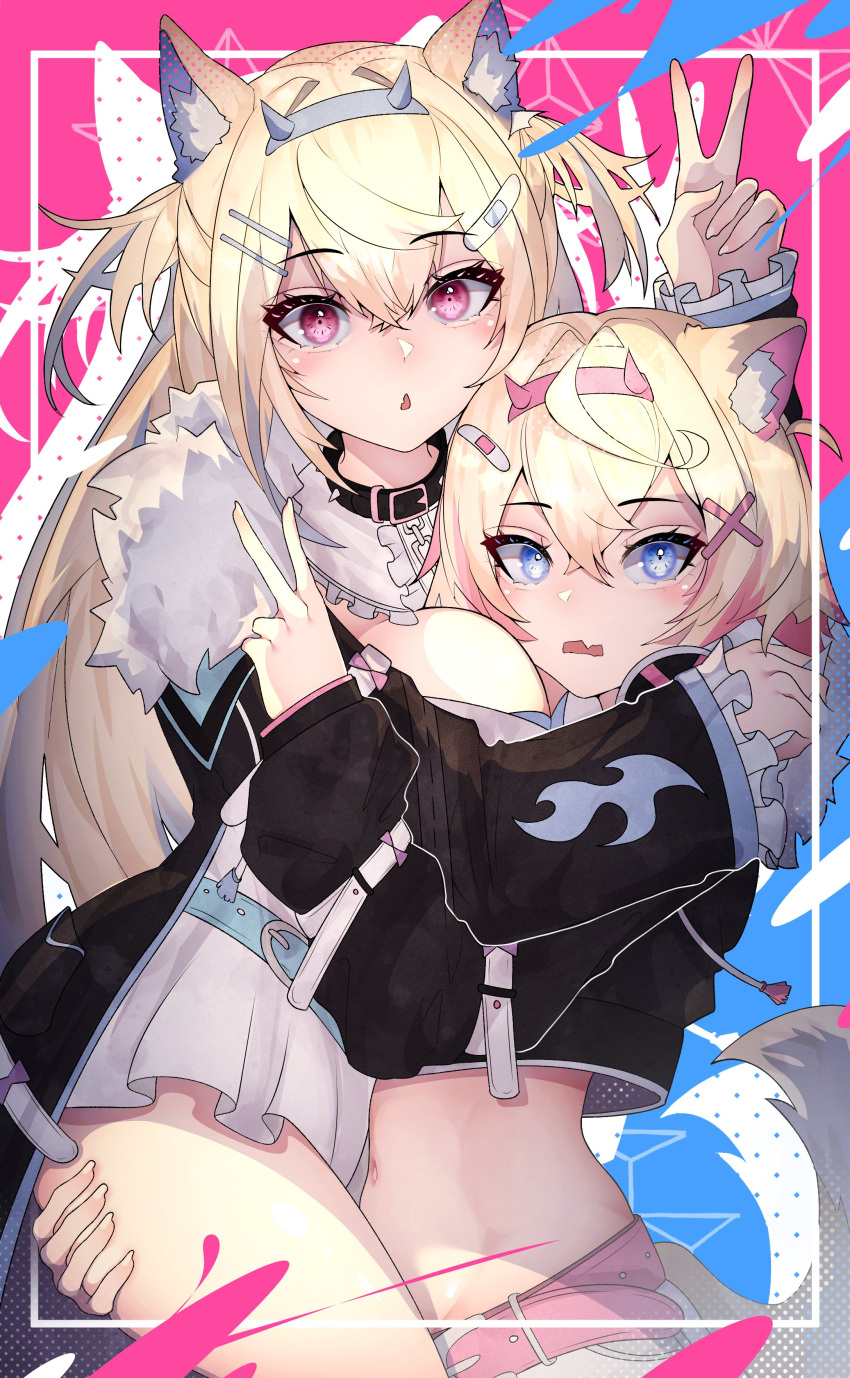 2girls :&lt; :o absurdres animal_ear_fluff animal_ears bandaid_hair_ornament belt belt_buckle belt_collar black_collar black_jacket black_theme blonde_hair blue_background blue_belt blue_eyes blue_hair blue_theme breast_press breasts buckle carrying carrying_person center_frills chain chestnut_mouth collar color_connection colored_inner_animal_ears cowboy_shot cropped_jacket crossed_bangs d: detached_collar dog_ears dog_girl dog_tail double-parted_bangs drawstring dress drop_shadow fake_horns fang flame_print frilled_collar frilled_sleeves frills fur-trimmed_jacket fur_collar fur_trim fuwawa_abyssgard fuwawa_abyssgard_(1st_costume) glomp grey_hairband hair_intakes hair_ornament hairband hairclip hand_on_another's_thigh headphones headphones_around_neck heads_together highres hololive horns hug jacket large_breasts legs light_blush long_hair long_sleeves looking_at_viewer messy_hair midriff mococo_abyssgard mococo_abyssgard_(1st_costume) multicolored_hair multiple_girls mutual_hug navel no_claws nostdoro open_clothes open_jacket outside_border paint_splatter pants pink_background pink_belt pink_eyes pink_hair pink_hairband pink_theme pocket puffy_long_sleeves puffy_sleeves short_dress short_hair siblings sidelocks skin_fang spiked_collar spiked_hairband spikes streaked_hair tail tassel thighs too_many_belts tsurime twins two-tone_hair two_side_up v virtual_youtuber waist_hug white_dress white_pants x_hair_ornament