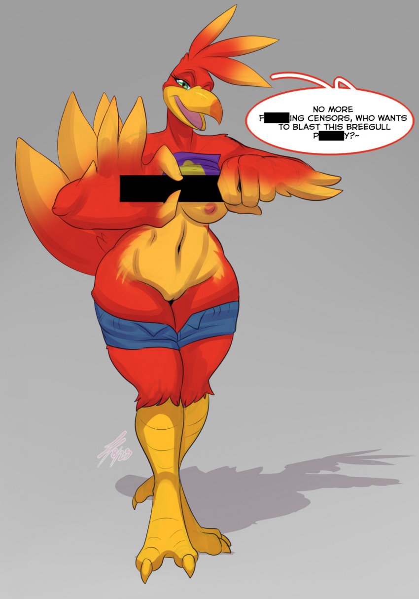 anthro anthrofied avian banjo-kazooie beak bird bottomwear breaking_the_fourth_wall breasts breegull censor_bar censored_speech clothed clothing cutoffs daisy_dukes denim denim_clothing feathers female front_view genitals green_eyes hi_res hotpants inviting kazooie lavenderpandy nipples non-mammal_breasts non-mammal_nipples partially_clothed pussy rareware red_body red_feathers scuted_legs scutes seductive shorts shorts_down solo standing tail_feathers wide_hips