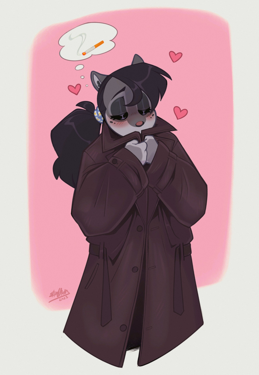 &lt;3 anthro black_hair blush blush_lines cadaverrdog canid canine canis cigarette clothing coat domestic_dog domino_(cadaverrdog) eyes_closed female fur grey_body grey_fur hair hi_res mammal mixed_breed nonbinary_(lore) pomsky ponytail simple_background solo thought_bubble topwear trenchcoat white_background