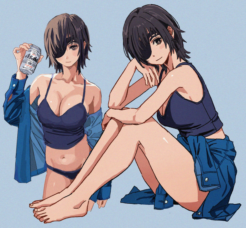 1girl asahi_breweries bare_legs barefoot beer_can black_camisole black_hair black_panties breasts camisole can chainsaw_man cleavage clothes_around_waist collarbone commentary crop_top denim_shirt eyepatch feet himeno_(chainsaw_man) holding holding_can knees_up large_breasts legs looking_at_viewer multiple_views navel no_pants one_eye_covered panties shiren_(ourboy83) shirt shirt_around_waist toenails toes underwear