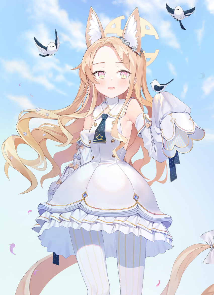 absurdly_long_hair absurdres animal_ear_fluff animal_ears bikini bird bird_on_hand blonde_hair blue_archive blue_necktie blush bow bright_pupils cloud cloudy_sky dress flower flying forehead fox_ears frilled_dress frills gradient_eyes hair_bow hair_flower hair_ornament halo highres leggings long-tailed_tit long_hair multicolored_eyes necktie parted_bangs parted_lips petals pink_eyes posom seia_(blue_archive) short_necktie sky sleeve_bow sleeveless sleeveless_dress sleeves_past_fingers sleeves_past_wrists swimsuit tit_(bird) vertical-striped_leggings very_long_hair white_bikini white_bird white_bow white_dress white_flower white_leggings white_pupils yellow_bow yellow_eyes