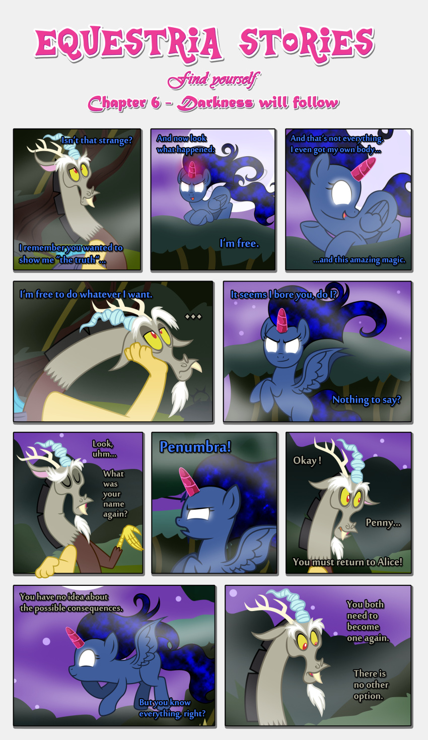 absurd_res advice anthro bat_wings black_border border chimera crystal crystal_horn dialogue discord_(mlp) draconequus duo ears_down ears_up equid equine estories eyes_closed female feral flying folded_wings friendship_is_magic glowing glowing_eyes hasbro hi_res horn male mammal membrane_(anatomy) membranous_wings my_little_pony narrowed_eyes no_cutiemark open_mouth penumbra_(estories) pivoted_ears plant pseudo_horn smile smirk spread_wings tree winged_unicorn wings