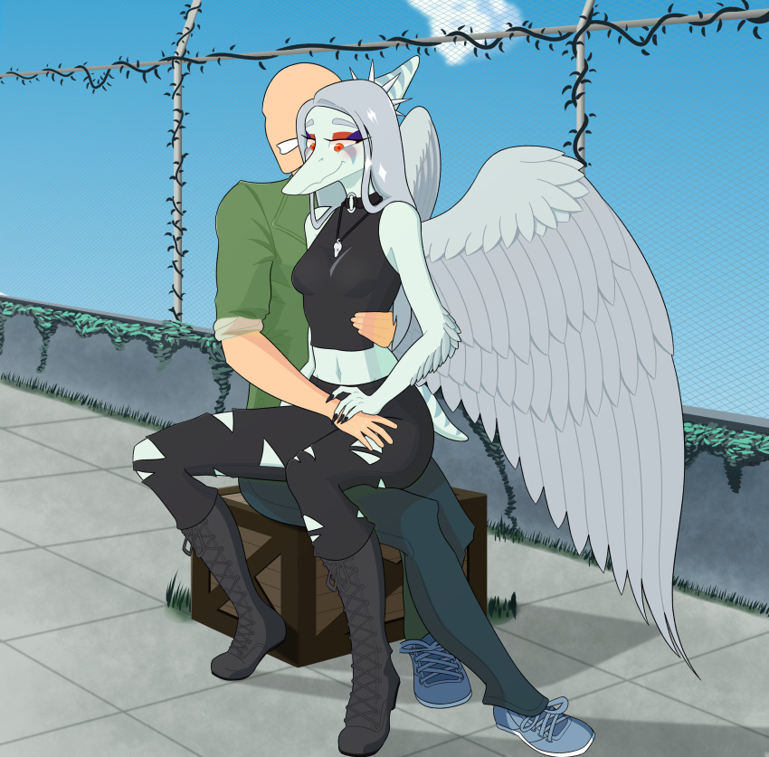 absurd_res anon_(snoot_game) anthro bald blush boots bottomwear breasts clothing colored detailed_background doomed_predator duo faceless_character faceless_human fang_(gvh) feathered_wings feathers female footwear goodbye_volcano_high grey_hair hair halter_top hand_on_hip hand_on_leg hand_on_thigh hi_res human interspecies male male/female mammal navel on_lap pants plantigrade pterodactylus pterosaur reptile scalie shirt short_tail sitting_on_lap smile snoot_game snout tail topwear wings