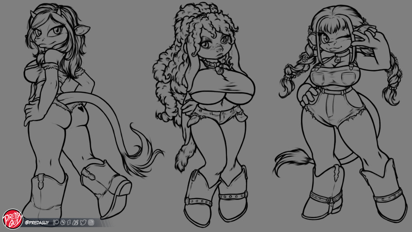 anthro big_breasts bovid bovine breasts butt caprine cattle clothing cowgirl_boots cowgirl_outfit cutoff_jeans female group hi_res huge_breasts lineup mammal one_eye_closed overalls predaguy sega sheep sonic_the_hedgehog_(series) trio under_boob wink