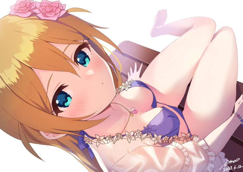 1girl aqua_eyes baba_konomi barefoot bench bikini blush bracelet breasts brown_hair cleavage commentary_request dated expressionless flower from_above hair_between_eyes hair_flower hair_ornament highres idolmaster idolmaster_million_live! idolmaster_million_live!_theater_days ima_(lm_ew) jewelry legs long_hair looking_at_viewer looking_up medium_breasts necklace purple_bikini see-through see-through_shirt shirt short_sleeves side_ahoge sidelocks signature sitting solo swimsuit thighs toes white_background white_shirt