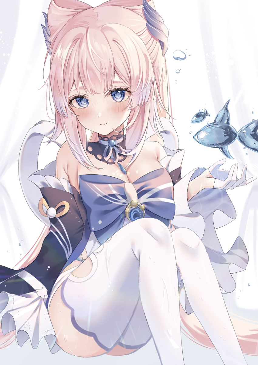 1girl blue_eyes blunt_bangs bow-shaped_hair breasts brooch choker cleavage closed_mouth detached_collar detached_sleeves fish genshin_impact highres jewelry lace-trimmed_choker lace_trim long_hair looking_at_viewer pink_hair rim_(ririm711) sangonomiya_kokomi smile solo thighhighs wide_sleeves