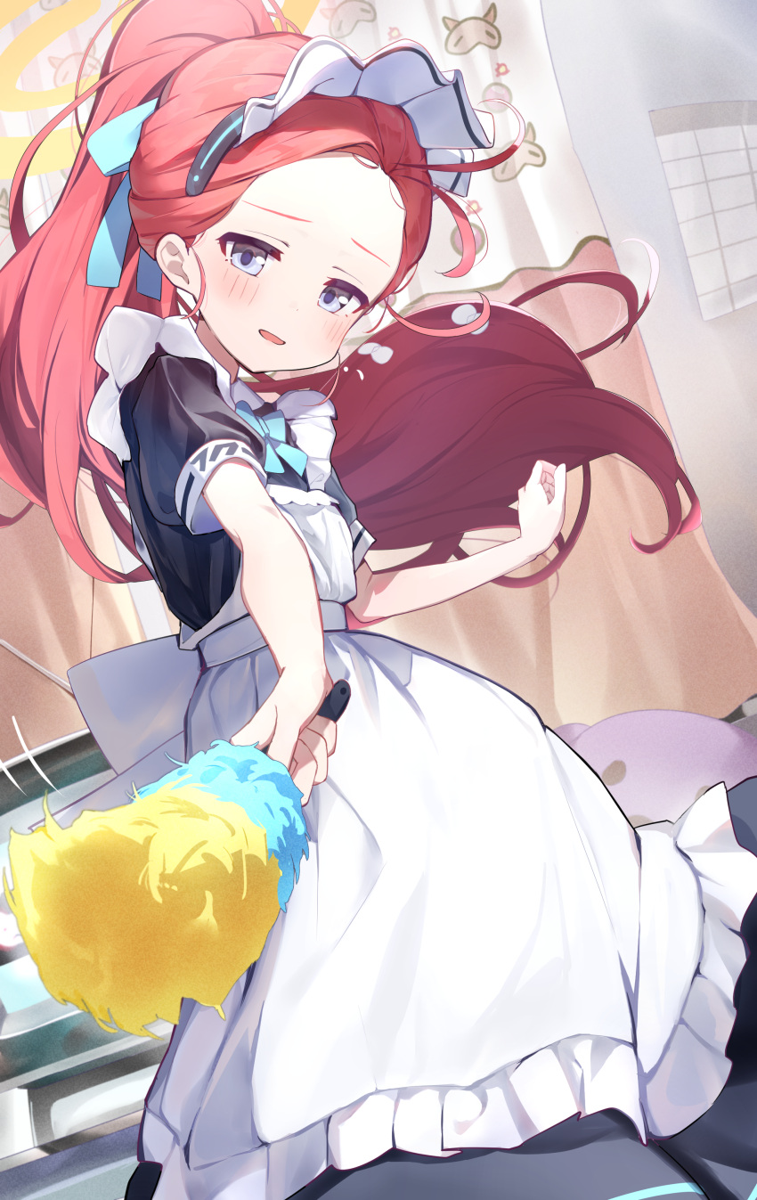 1girl absurdres apron black_dress blue_archive blush dress frilled_apron frills highres long_hair maid maid_apron maid_headdress official_alternate_costume open_mouth purple_eyes red_hair short_sleeves solo white_apron yamada_auto yelllow_halo yuzu_(blue_archive) yuzu_(maid)_(blue_archive)