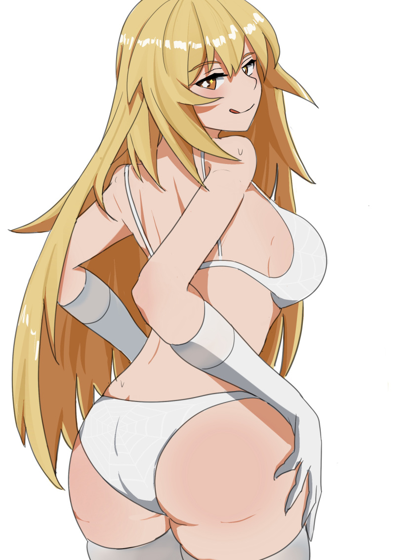 1girl :p absurdres ass blonde_hair bra breasts commentary elbow_gloves from_behind gloves hair_between_eyes hands_on_own_hips highres jaka large_breasts long_hair looking_at_viewer looking_back panties shokuhou_misaki sideboob solo sparkling_eyes thighhighs toaru_kagaku_no_mental_out toaru_kagaku_no_railgun toaru_majutsu_no_index tongue tongue_out underwear underwear_only white_background white_bra white_gloves white_panties white_thighhighs yellow_eyes