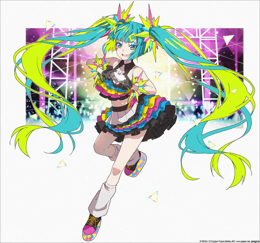 1girl :d bare_shoulders black_gloves black_shirt black_skirt blue_hair blue_shirt blue_skirt blunt_bangs catch_the_wave_(vocaloid) collared_shirt copyright cropped_shirt facial_mark fingerless_gloves foot_up full_body gloves green_hair hakusai_(tiahszld) hatsune_miku heart heart_facial_mark heart_hands highres kneehighs layered_shirt layered_skirt long_bangs long_hair loose_socks midriff multicolored_clothes multicolored_hair multicolored_skirt nail_polish navel open_mouth pink_footwear pink_shirt pink_skirt platform_footwear pleated_skirt red_nails shirt shoes sidelocks simple_background skirt sleeveless sleeveless_shirt smile socks solo star_(symbol) star_facial_mark teeth twintails two-tone_hair upper_teeth_only very_long_hair vocaloid white_background white_socks yellow_shirt yellow_skirt