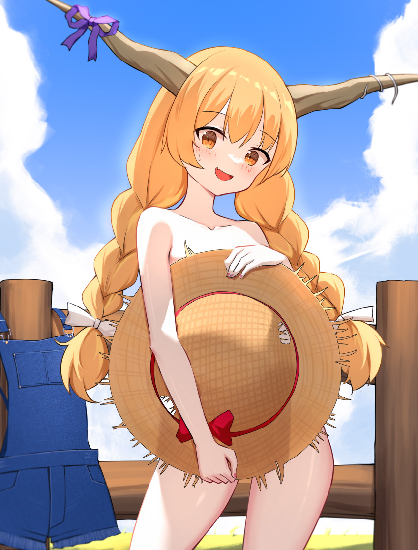 1girl :d absurdres alternate_hairstyle bare_shoulders blue_overalls blue_sky blush bow braid clothes_removed cloud collarbone commentary commission contrapposto covering_body cowboy_shot english_commentary fang fence hair_bow hat highres holding holding_clothes holding_hat horn_ornament horn_ribbon horns ibuki_suika long_hair looking_at_viewer low_twin_braids low_twintails nude oeyama orange_eyes orange_hair outdoors overalls pink_nails ribbon skin_fang sky smile solo straw_hat thighhighs touhou twin_braids twintails white_bow wooden_fence