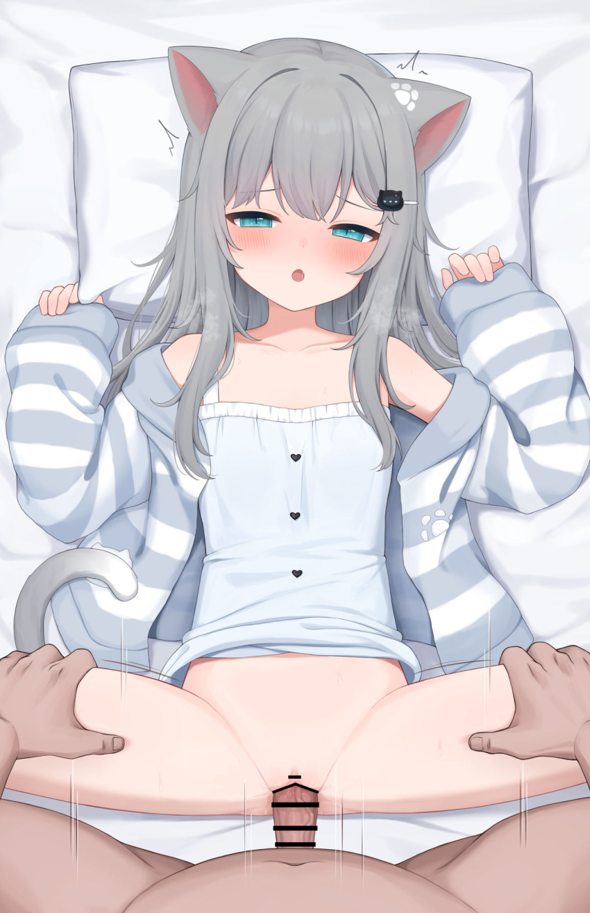 1boy 1girl animal_ears bar_censor bed_sheet blue_cardigan blue_dress blue_eyes blush cardigan cat_ears cat_girl cat_hair_ornament censored collarbone commentary dress flat_chest grey_hair hair_ornament hairclip half-closed_eyes hetero highres indie_virtual_youtuber long_hair long_sleeves missionary nachoneko no_panties open_mouth paid_reward_available penis pillow pillow_grab pov pov_crotch sex sleeveless sleeveless_dress sleeves_past_wrists spread_legs vaginal virtual_youtuber yukamikayu