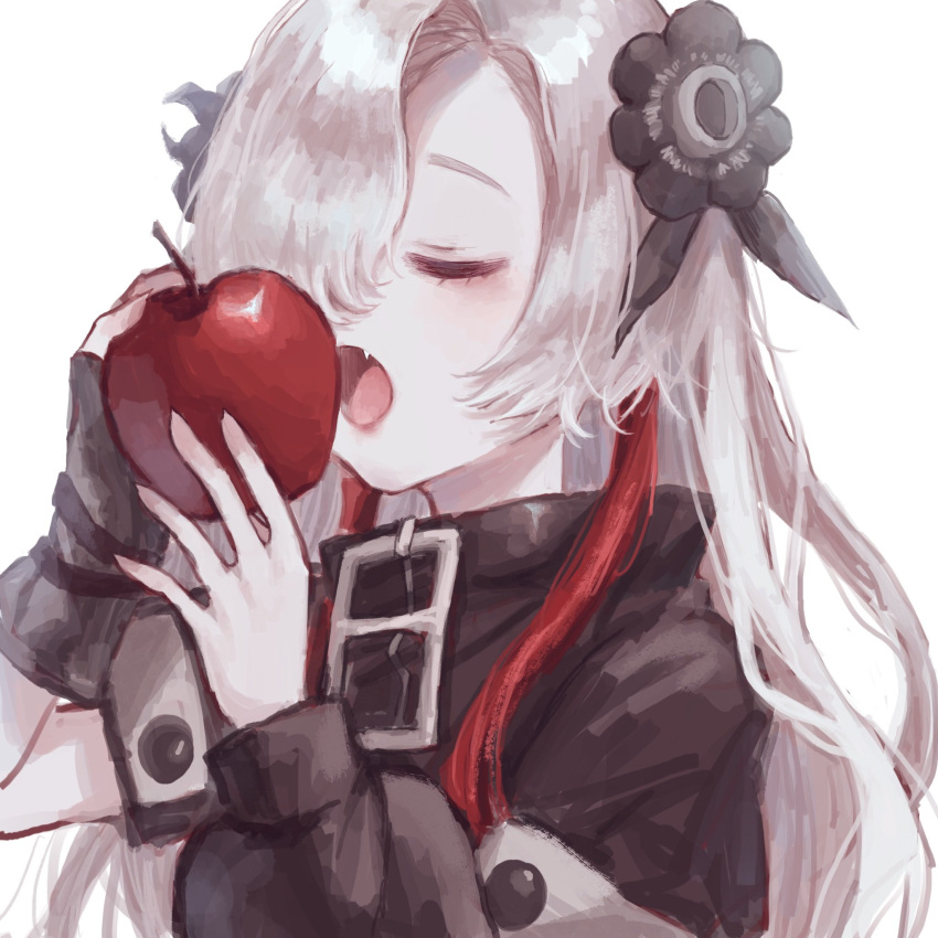 apple asymmetrical_sleeves biting black_gloves curly_hair eating fang fingerless_gloves flower food fruit gloves hair_flower hair_ornament highres holding holding_food holding_fruit isekai_joucho kamitsubaki_studio long_sleeves mismatched_sleeves multicolored_hair nemophila_(flower) open_mouth red_apple red_hair ria_(rian_0210) sidelocks simple_background single_glove skin_fang streaked_hair white_background white_hair zipper