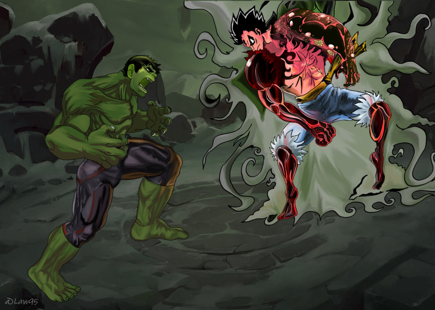2boys artist_name black_hair closed_mouth colored_skin crossover fighting fighting_stance full_body gear_fourth green_skin highres hulk iheartist looking_at_another marvel monkey_d._luffy multiple_boys muscular muscular_male one_piece open_mouth short_hair shorts signature topless topless_male