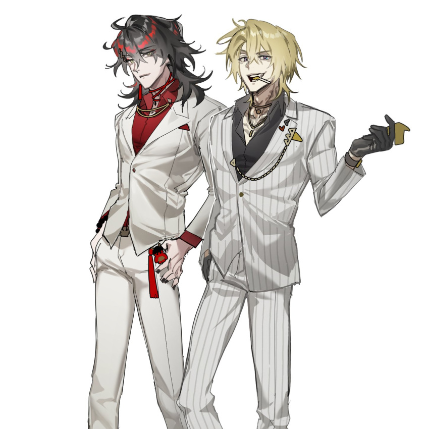 2boys 95_5hz black_gloves black_hair black_nails black_shirt blonde_hair candy collared_shirt food food_in_mouth gloves hand_in_pocket hand_on_own_hip highres lollipop long_hair long_sleeves looking_at_viewer luca_kaneshiro male_focus multicolored_hair multiple_boys neck_tattoo nijisanji nijisanji_en open_mouth pants purple_eyes red_hair red_shirt shirt short_hair simple_background smile suit tattoo virtual_youtuber vox_akuma walking watch white_background yellow_eyes