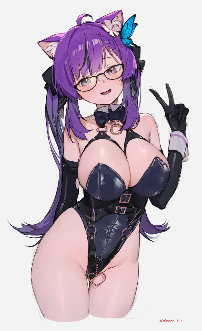 1girl absurdres ahoge animal_ears arm_behind_back bare_shoulders belt_buckle black-framed_eyewear black_gloves black_leotard bow bowtie braid breasts buckle butterfly_hair_ornament cat_ears chest_harness cleavage commentary_request commission cropped_legs crotch_zipper detached_collar elbow_gloves fangs front_zipper full-length_zipper glasses gloves grey_eyes hair_bow hair_ornament hand_up harness heart heterochromia highleg highleg_leotard highres large_breasts leotard long_hair looking_at_viewer multicolored_hair nontraditional_playboy_bunny open_mouth original purple_eyes purple_hair simple_background skeb_commission smile solo sooon strapless strapless_leotard streaked_hair thigh_gap thighs twintails v very_long_hair white_background wrist_cuffs zipper