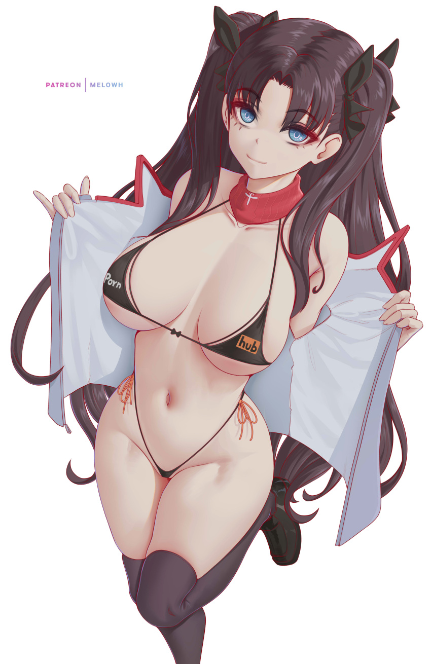 1girl absurdres artist_name bikini black_bikini black_hair black_thighhighs blue_eyes breasts breasts_out cleavage closed_mouth collarbone detached_collar fate/stay_night fate_(series) foot_out_of_frame highleg highleg_bikini highres jacket long_hair melowh navel open_clothes open_jacket patreon_username smile solo standing standing_on_one_leg stomach swimsuit thighhighs thighs tohsaka_rin two_side_up