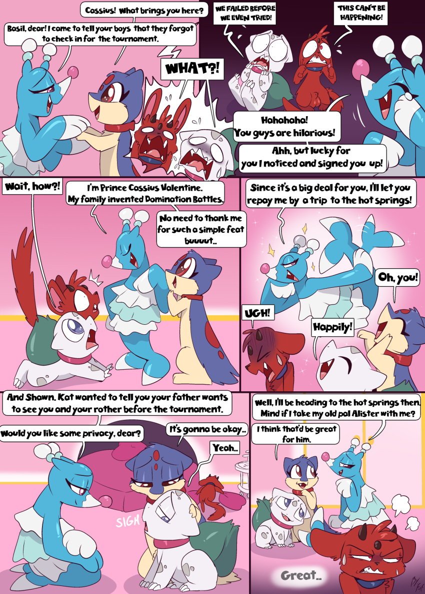 &lt;3 2023 2_horns absurd_res alister_(lightsoul) alternate_version_at_source animal_genitalia annoyed anthro balls basil_(lightsoul) bed biped blue_body blue_eyes brionne bulbasaur cassius_(lightsoul) collar comic countershade_face countershade_torso countershading dialogue duo english_text eyes_closed female feral fuf furniture generation_1_pokemon generation_2_pokemon generation_5_pokemon generation_7_pokemon genitals green_body group hi_res horn inside laugh looking_at_another lying male minccino multicolored_body narrowed_eyes nintendo on_front open_mouth open_smile pokemon pokemon_(species) pose quadruped quilava red_body seductive shawn_(lightsoul) sheath sitting smile sparkles speech_bubble text tongue trio two_tone_body white_body worried yelling