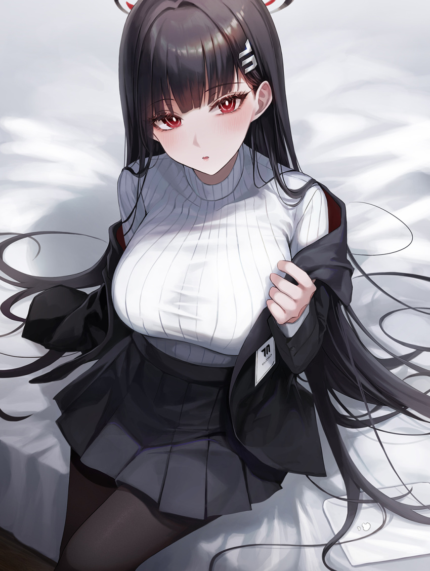 1girl black_hair black_pantyhose black_skirt black_suit blue_archive blunt_bangs blush breasts bright_pupils formal hair_ornament hairclip halo heeri highres holster id_card large_breasts long_hair long_sleeves looking_at_viewer on_bed pantyhose pleated_skirt red_eyes rio_(blue_archive) sitting skirt solo suit sweater tablet_pc thigh_holster turtleneck turtleneck_sweater very_long_hair white_sweater wooden_floor