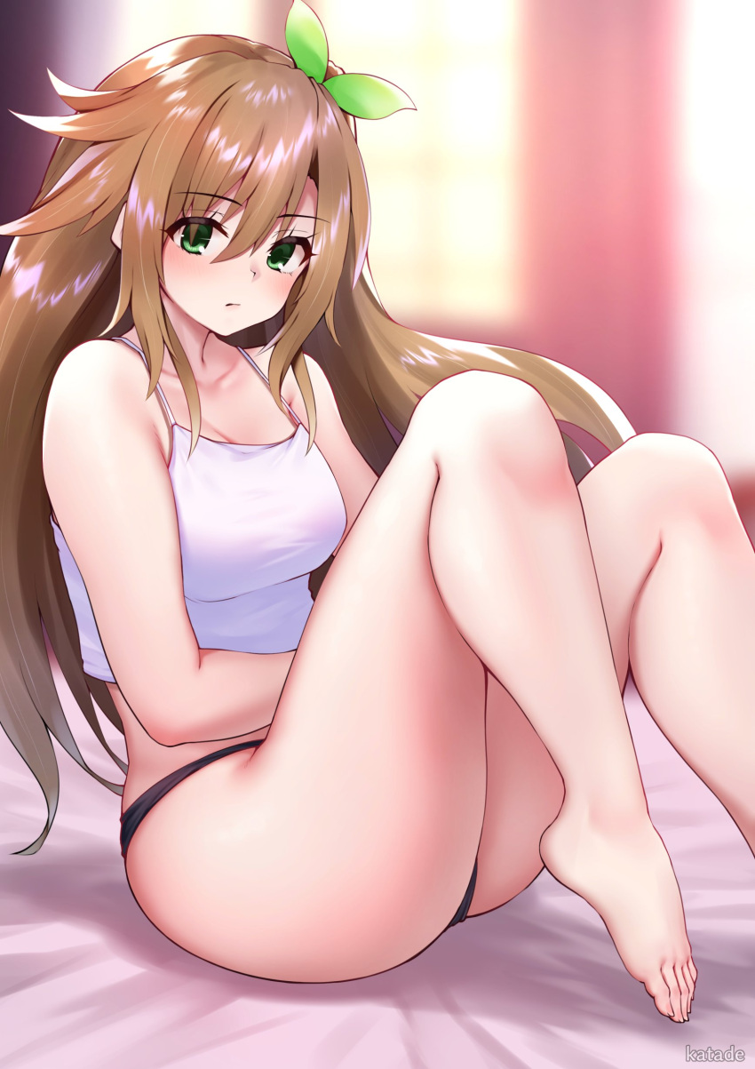 1girl absurdres alternate_breast_size bare_legs bare_shoulders barefoot black_panties blush breasts brown_hair commentary_request feet foot_out_of_frame green_eyes hair_ornament highres if_(neptune_series) katade knees_up leaf_hair_ornament legs long_hair looking_at_viewer medium_breasts neptune_(series) panties sitting solo toenails toes underwear