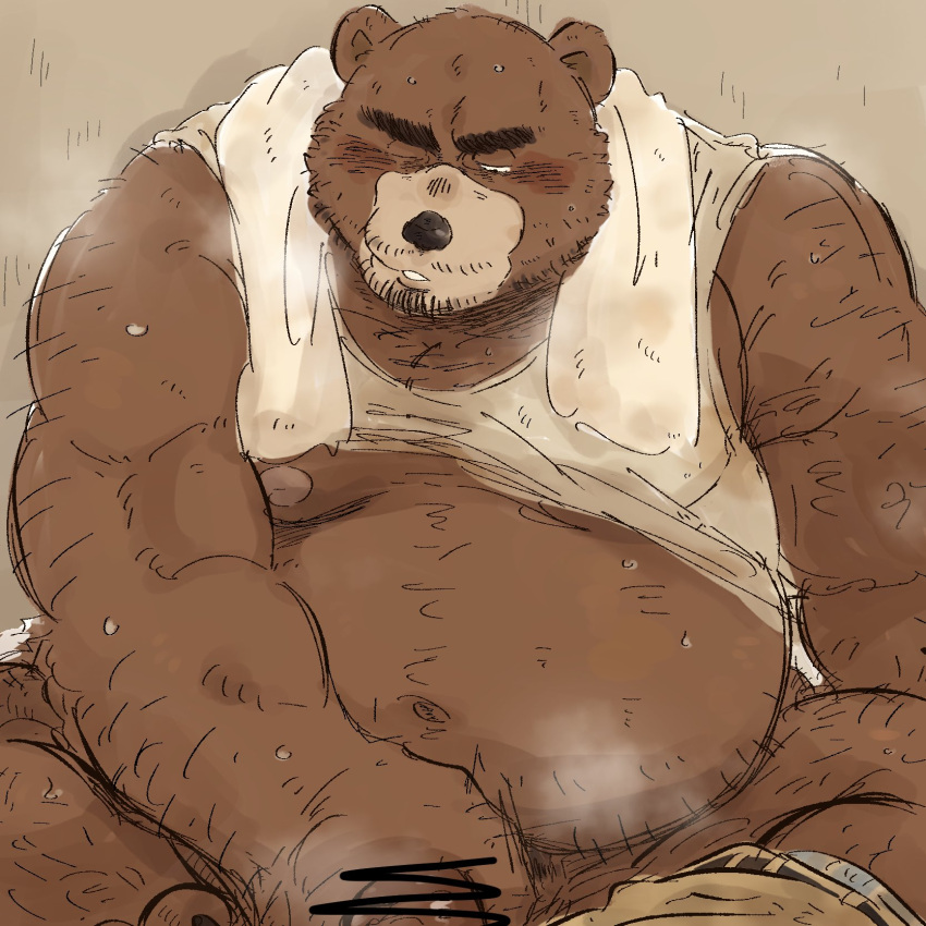 2023 anthro barely_visible_genitalia barely_visible_penis bear belly big_belly black_nose brown_body brown_fur censored clothed clothing fur genitals hi_res kemono male mammal masturbation moobs mtmnkmn125 musk nipples overweight overweight_male penis raised_clothing raised_shirt raised_topwear shirt sitting solo topwear towel