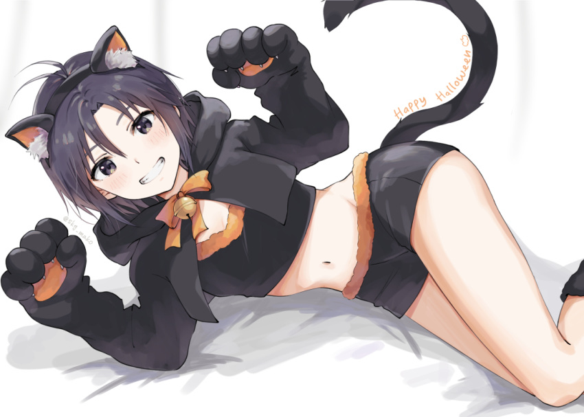 1girl :d animal_ear_fluff animal_ears animal_hands antenna_hair bed_sheet bell black_hair black_hairband black_jacket black_shirt black_shorts blush bow bowtie brown_eyes cat_ear_hairband cat_ears cat_tail commentary crop_top cropped_jacket fake_animal_ears fake_tail feet_out_of_frame fur-trimmed_shirt fur-trimmed_shorts fur_trim gloves grin groin hair_between_eyes hairband halloween happy_halloween hood hood_down idolmaster idolmaster_(classic) jacket jingle_bell kikuchi_makoto lying midriff mogskg navel on_bed on_side orange_bow orange_bowtie orange_fur orange_shirt orange_shorts parted_lips paw_gloves paw_pose shirt short_hair short_shorts shorts smile solo tail tomboy two-tone_shirt two-tone_shorts