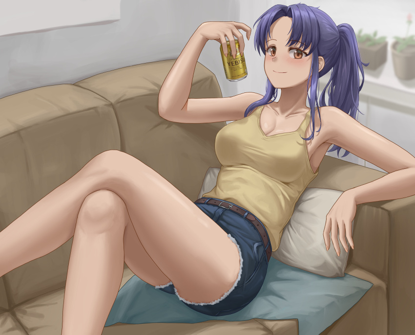 1girl absurdres bare_arms beer_can blue_hair breasts can cleavage closed_mouth commentary crossed_legs cutoffs dark_blue_hair denim denim_shorts feet_out_of_frame highres indoors katsuragi_misato legs looking_at_viewer lying medium_breasts neon_genesis_evangelion on_back orange_eyes pillow ponytail short_shorts shorts sidelocks smile solo tank_top thighs yj_(yojo_san)