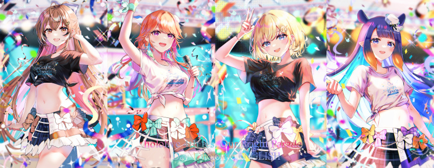 4girls :d absurdres arm_up bare_arms bare_legs black_shirt blonde_hair blue_eyes blunt_bangs bow bowtie bracelet breasts brown_eyes brown_hair commentary confetti earrings english_commentary feather_earrings feathers hair_between_eyes hair_ornament hairclip half-skirt hat highres hololive hololive_english hololive_idol_uniform hololive_idol_uniform_(bright) idol jewelry long_hair looking_at_viewer medium_breasts microphone midriff mini_hat mini_top_hat mole mole_under_eye monocle_hair_ornament multiple_girls nanashi_mumei navel ninomae_ina'nis open_mouth orange_hair pointy_ears purple_eyes purple_hair shirt short_hair shorts skirt smile sowon standing stomach sweat t-shirt takanashi_kiara tentacle_hair tentacles thighs tied_shirt top_hat v very_long_hair virtual_youtuber watson_amelia white_headwear white_shirt