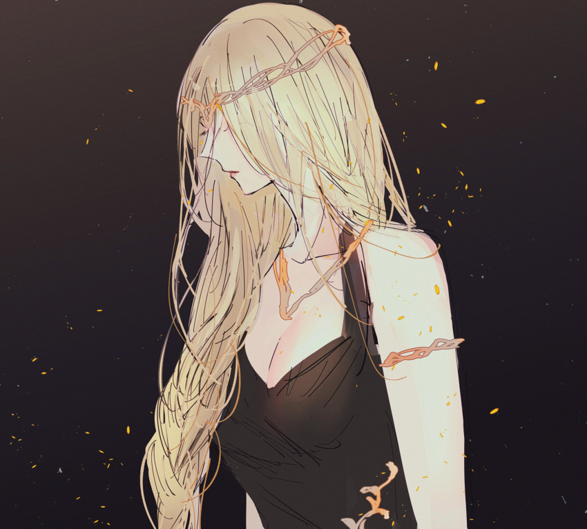 1girl absurdres armlet bare_arms bare_shoulders black_dress blonde_hair braid breasts cleavage crown dress elden_ring embers gold_diadem gold_necklace hair_over_eyes hele highres jewelry long_braid long_hair necklace queen queen_marika_the_eternal single_braid sleeveless sleeveless_dress