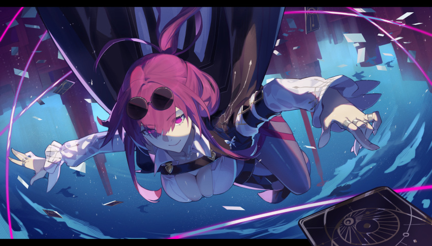 1girl black_jacket boots breasts card cleavage collared_shirt eyewear_on_head gloves hair_between_eyes highres honkai:_star_rail honkai_(series) jacket jewelry kafka_(honkai:_star_rail) koharu1807 long_hair long_sleeves looking_at_viewer medium_breasts pantyhose purple_eyes purple_gloves purple_hair purple_pantyhose ring round_eyewear shirt single_thigh_boot smile solo sunglasses thigh_boots white_shirt