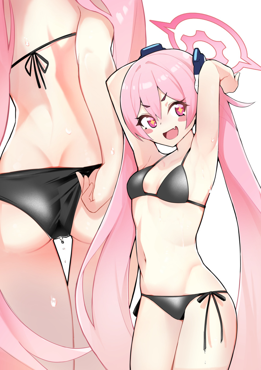 1girl absurdres adjusting_clothes adjusting_swimsuit alternate_costume armpits arms_up ass back bikini black_bikini blue_archive blush_stickers breasts butt_crack commentary_request cross-shaped_pupils fang halo highres koyuki_(blue_archive) long_hair looking_at_viewer multiple_views navel open_mouth pink_eyes pink_hair side-tie_bikini_bottom simple_background skin_fang small_breasts smile sweat swimsuit symbol-shaped_pupils teruisi v-shaped_eyebrows very_long_hair wet white_background